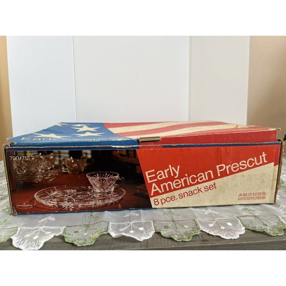 Vintage Anchor Hocking Early American Prescut Snack Set 8Pc Star of David NIB - Picture 5 of 8